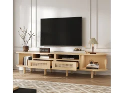 Mueble de TV ovalado con 2 cajones de ratán + 2 puertas correderas - 170 x 40 x 40 cm - MDF + metal - natural