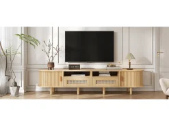 Mueble de TV ovalado con 2 cajones de ratán + 2 puertas correderas - 170 x 40 x 40 cm - MDF + metal - natural