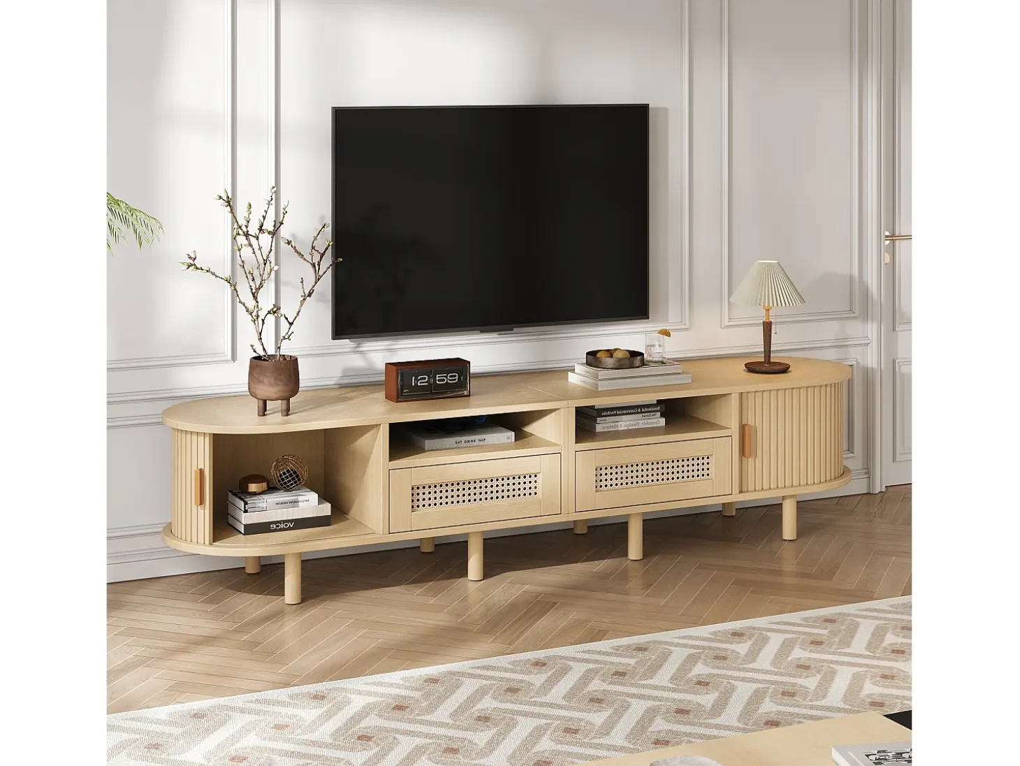 Mueble de TV ovalado, mueble de TV de 170 cm con 2 cajones de ratán y 2 puertas correderas - color natural