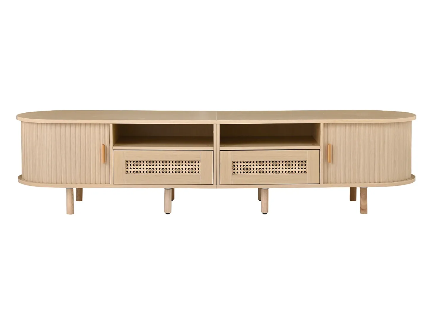 Mueble de TV ovalado, mueble de TV de 170 cm con 2 cajones de ratán y 2 puertas correderas - color natural
