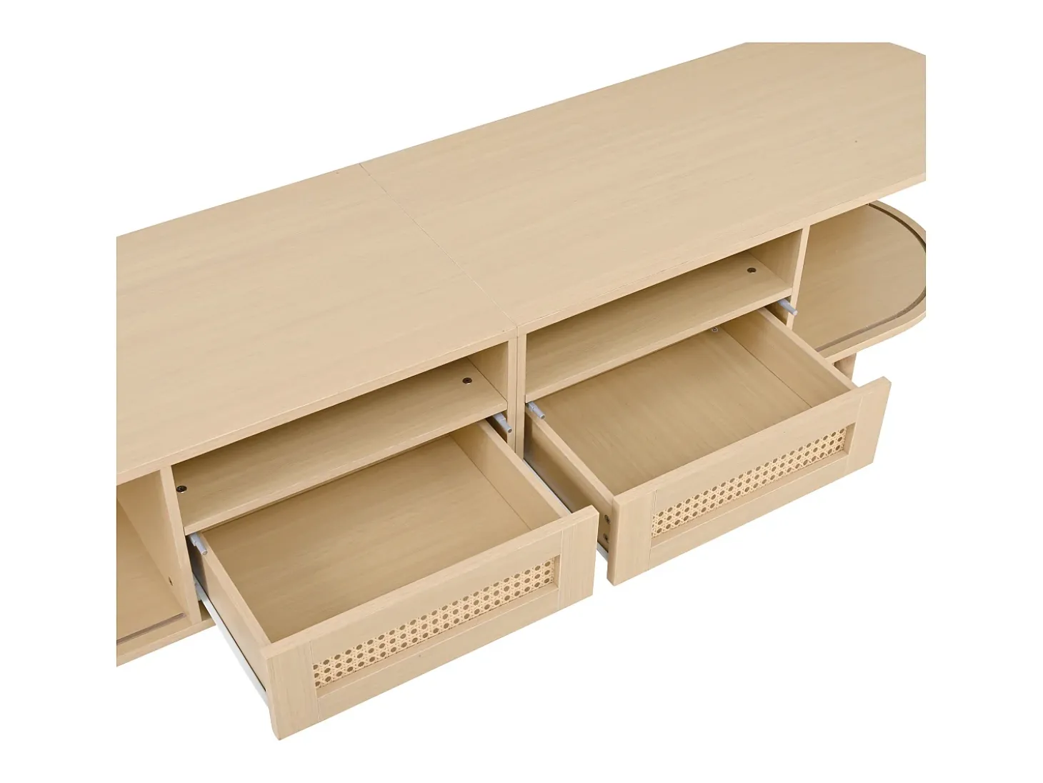 Mueble de TV ovalado, mueble de TV de 170 cm con 2 cajones de ratán y 2 puertas correderas - color natural