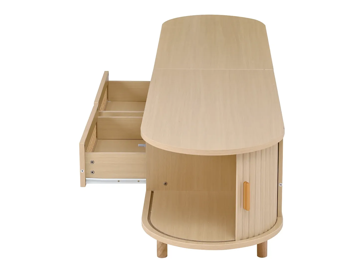 Mueble de TV ovalado, mueble de TV de 170 cm con 2 cajones de ratán y 2 puertas correderas - color natural