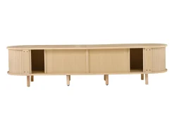 Mueble de TV ovalado, mueble de TV de 170 cm con 2 cajones de ratán y 2 puertas correderas - color natural