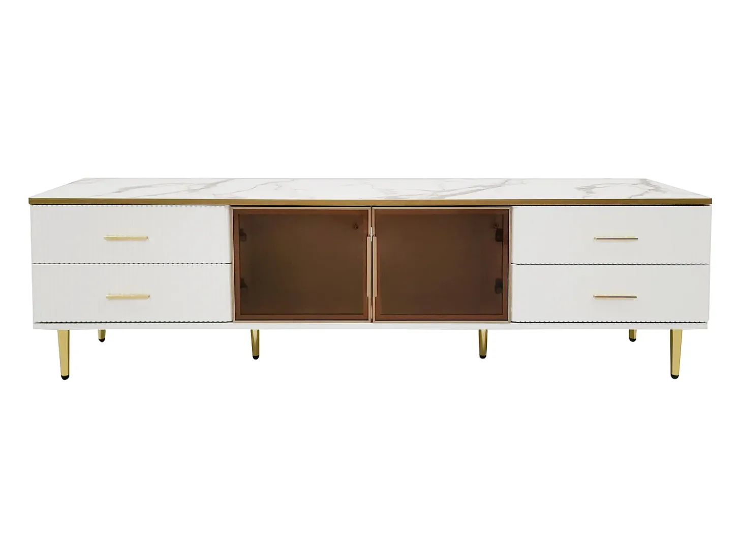 Mueble de TV para salón con 2 puertas y 4 cajones - LED - aspecto mármol - vidrio marrón y metal dorado - blanco