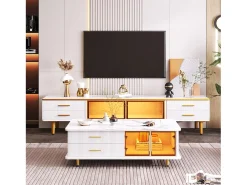 Mueble de TV para salón con 2 puertas y 4 cajones - LED - aspecto mármol - vidrio marrón y metal dorado - blanco