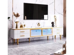 Mueble de TV para salón con 2 puertas y 4 cajones - LED - aspecto mármol - vidrio marrón y metal dorado - blanco