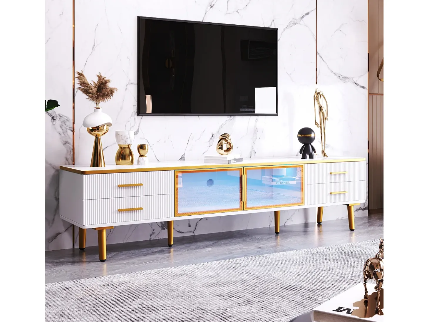 Mueble de TV para salón con 2 puertas y 4 cajones - LED - aspecto mármol - vidrio marrón y metal dorado - blanco