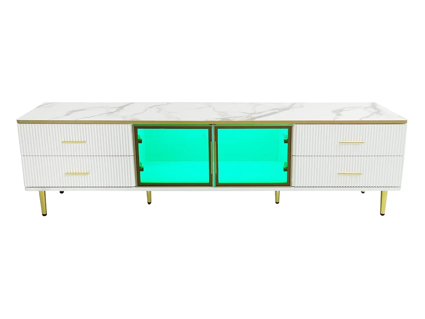 Mueble de TV para salón con 2 puertas y 4 cajones - LED - aspecto mármol - vidrio marrón y metal dorado - blanco