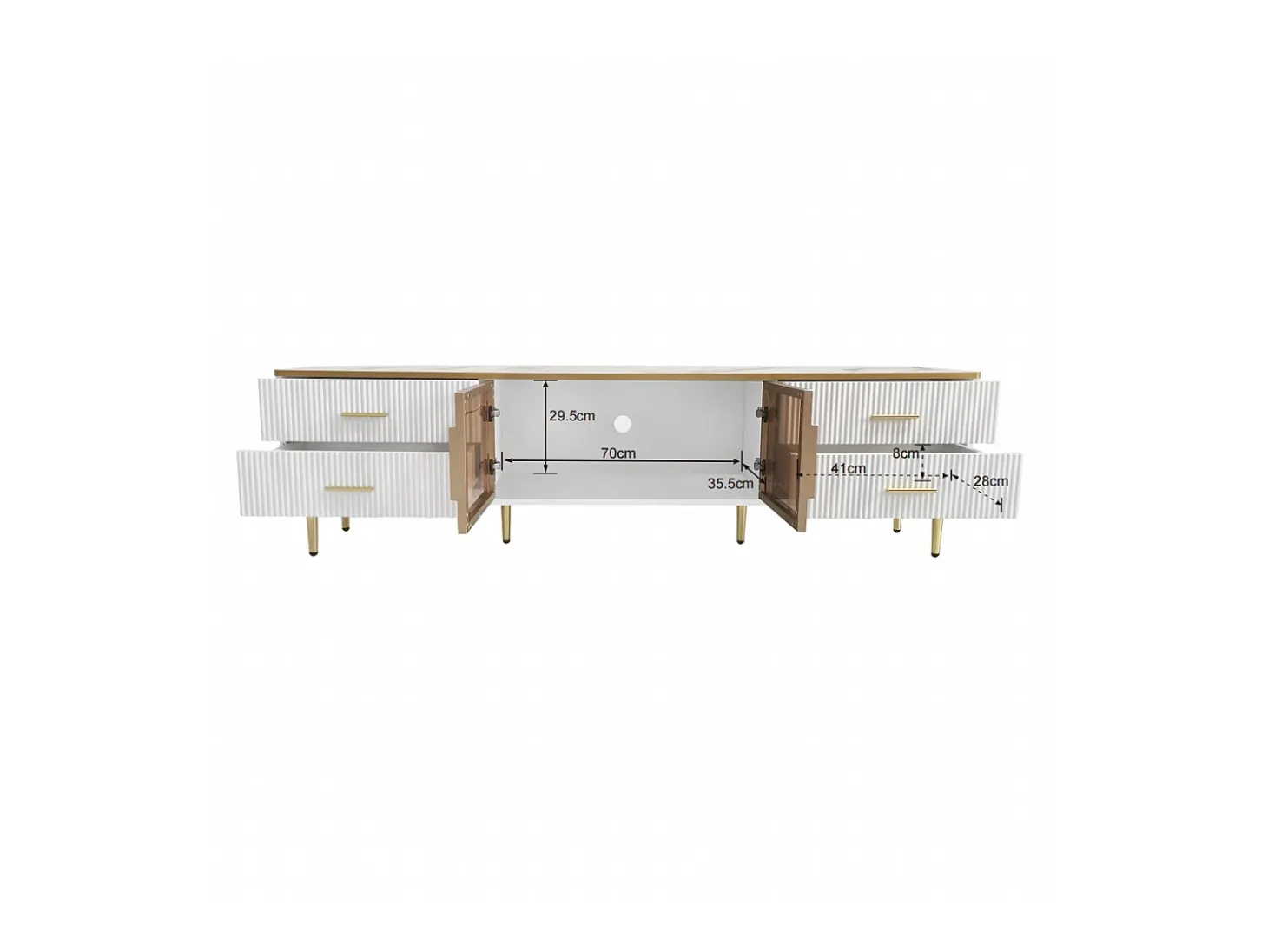 Mueble de TV para salón con 2 puertas y 4 cajones - LED - aspecto mármol - vidrio marrón y metal dorado - blanco