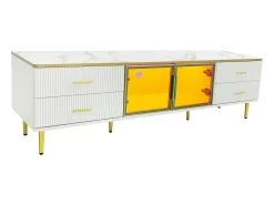 Mueble de TV para salón con 2 puertas y 4 cajones - LED - aspecto mármol - vidrio marrón y metal dorado - blanco