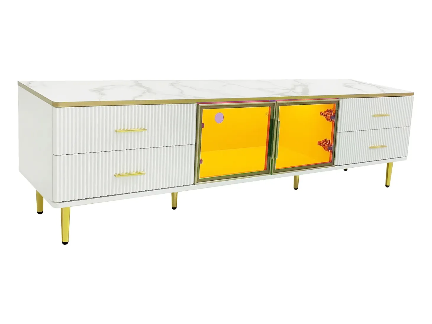 Mueble de TV para salón con 2 puertas y 4 cajones - LED - aspecto mármol - vidrio marrón y metal dorado - blanco
