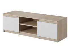 Mueble de TV sencillo 120 cm, para televisor, 2 armarios y estantes, cuerpo roble sonoma, frentes blanco mate
