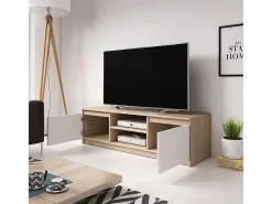 Mueble de TV sencillo 120 cm, para televisor, 2 armarios y estantes, cuerpo roble sonoma, frentes blanco mate