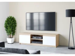 Mueble de TV simple 120 cm con LED, para televisor, 2 armarios y estantes, estructura roble sonoma, frentes blanco mate