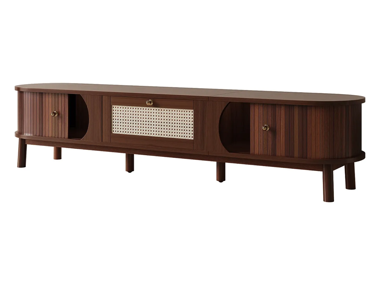 Mueble de TV vintage de nogal con 2 puertas de madera natural y 1 cajón de ratán, 170 x 39,5 x 38 cm