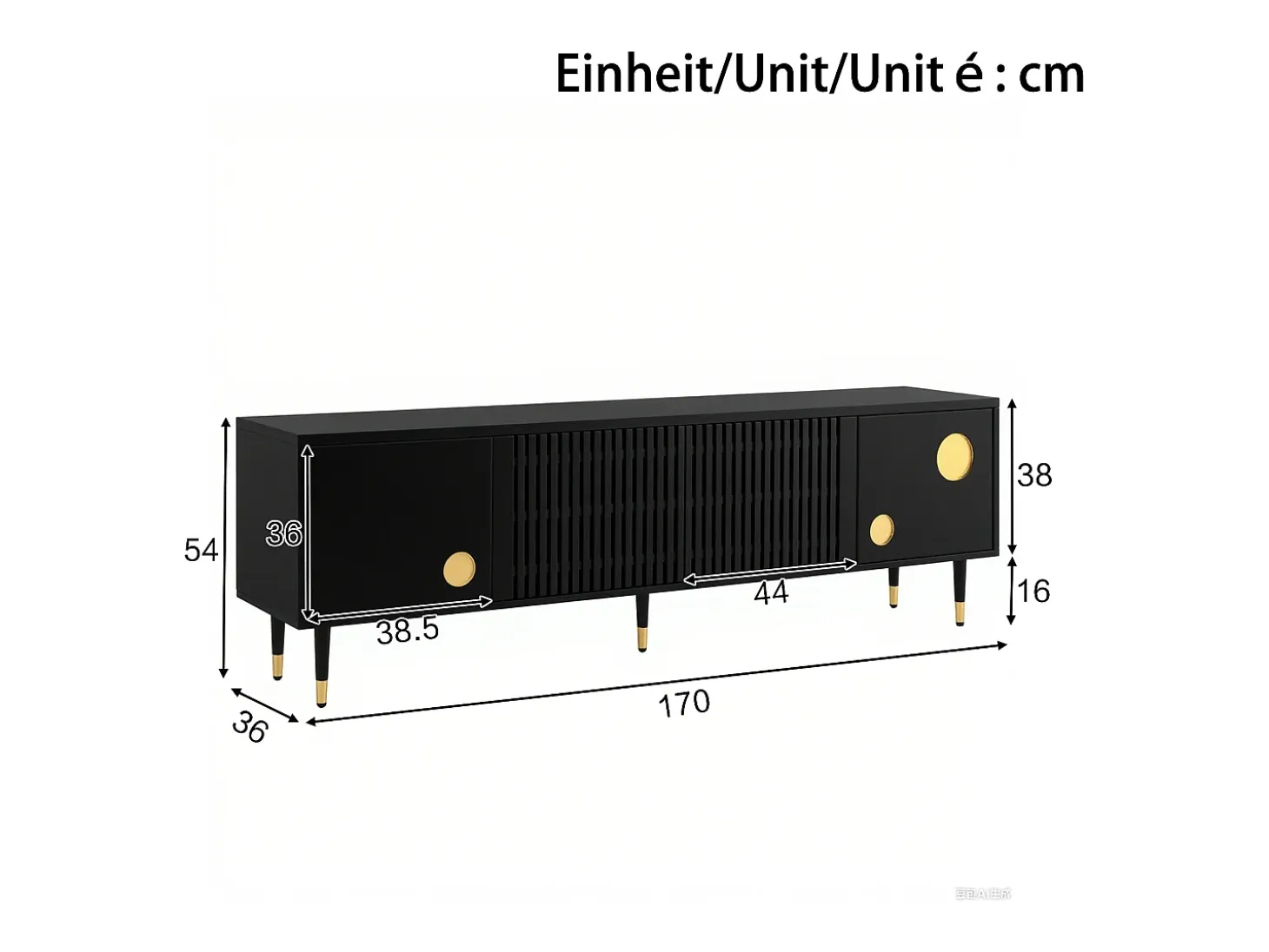 Mueble de TV 170x36x54 cm - 4 puertas - tiradores ocultos - pies ajustables - MDF - negro