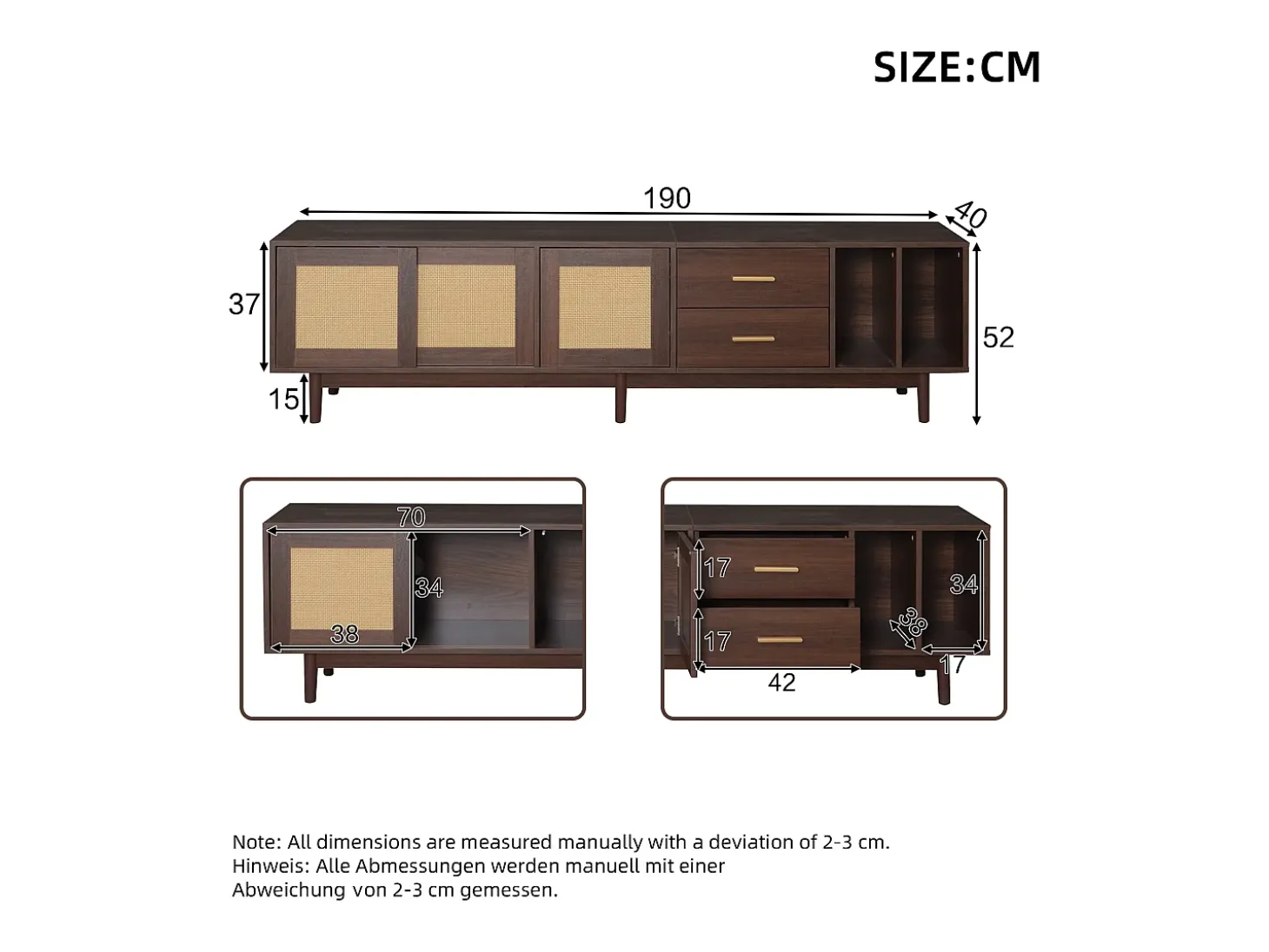 Mueble de TV 190x40x52 cm - con 2 cajones - con compartimentos de almacenamiento - para TV de 75" - marrón