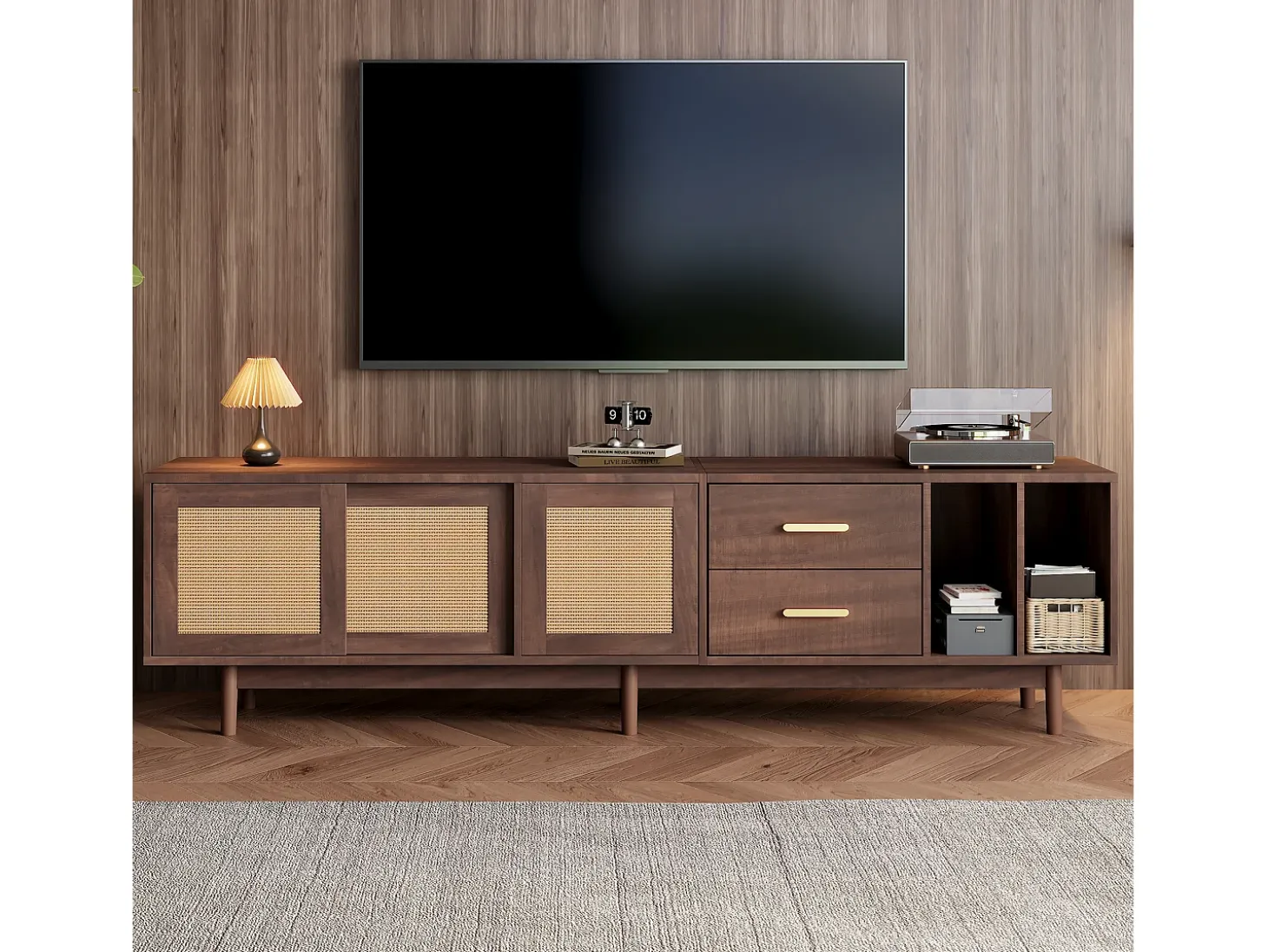 Mueble de TV 190x40x52 cm - con 2 cajones - con compartimentos de almacenamiento - para TV de 75" - marrón