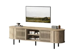 Mueble de TV 160x40x47 cm - con 2 puertas - Almacenamiento semiabierto - Diseño calado - Patas de metal - MDF - Natural