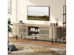 Mueble de TV 160x40x47 cm - con 2 puertas - Almacenamiento semiabierto - Diseño calado - Patas de metal - MDF - Natural