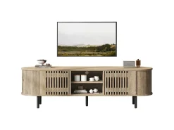 Mueble de TV 160x40x47 cm - con 2 puertas - Almacenamiento semiabierto - Diseño calado - Patas de metal - MDF - Natural