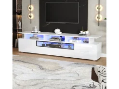 Mueble de TV 180x38x45cm - 1 cajón y 2 puertas - con LED - acabado brillante - Blanco