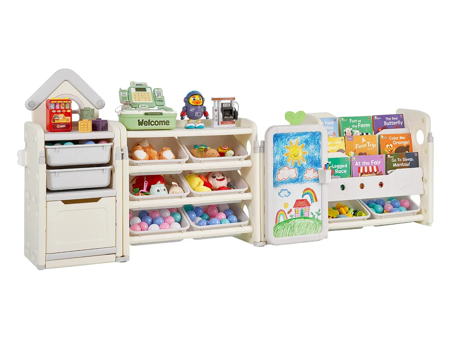 Mueble para Guardar Juguetes Infantiles SucceBuy, con Estantería y Tablero para Dibujar, de 4 Niveles con 10 Cubos de Plástico Extraíbles, para Guarderías