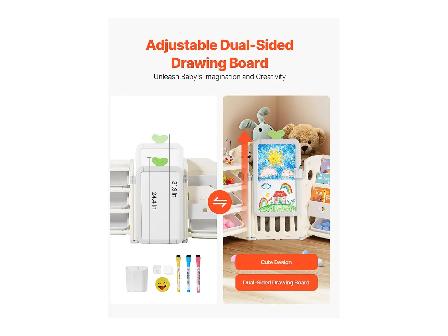 Mueble para Guardar Juguetes Infantiles SucceBuy, con Estantería y Tablero para Dibujar, de 4 Niveles con 10 Cubos de Plástico Extraíbles, para Guarderías