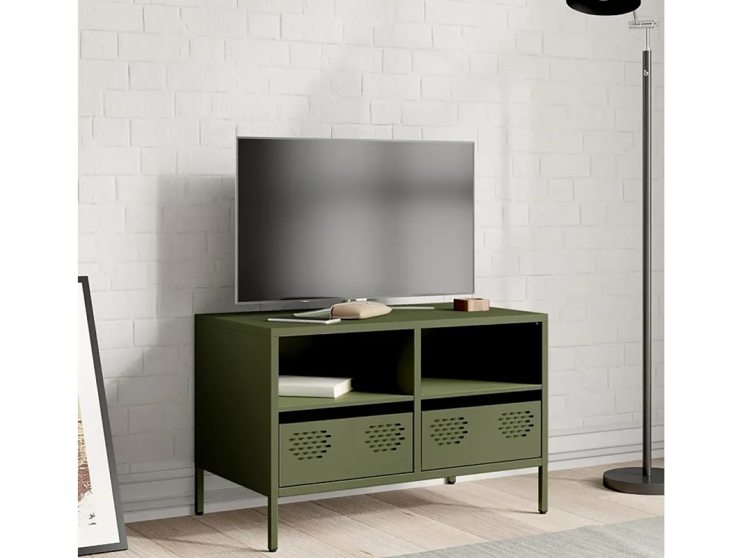 Mueble para TV acero laminado en frío verde oliva 68x39x43,5 cm