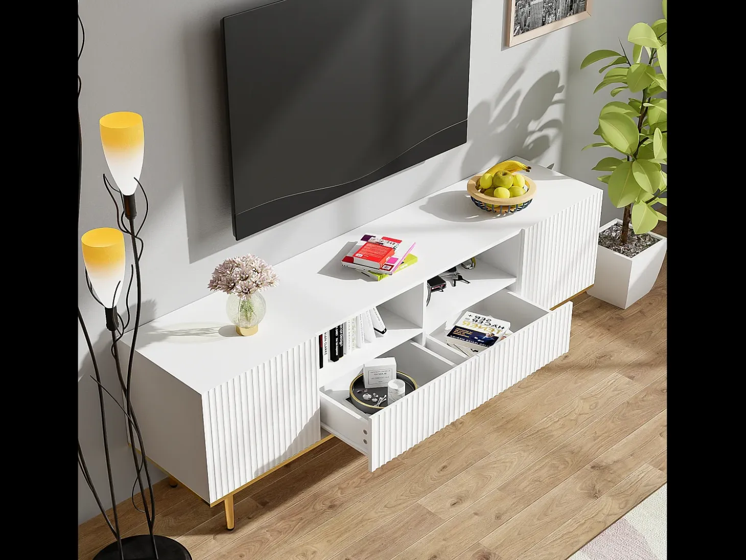 Mueble para TV con 2 cajones, 2 puertas y 2 nichos - 165x36x55cm - diseño de rayas verticales - Tablero de partículas - blanco