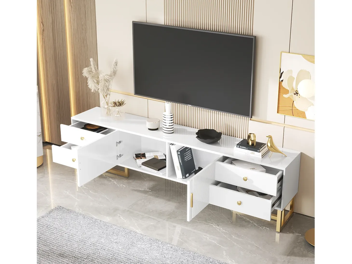 Mueble para TV con 2 puertas y 4 cajones - 175 x 30 x 46 cm - madera MDF, patas y tiradores de metal dorado - blanco