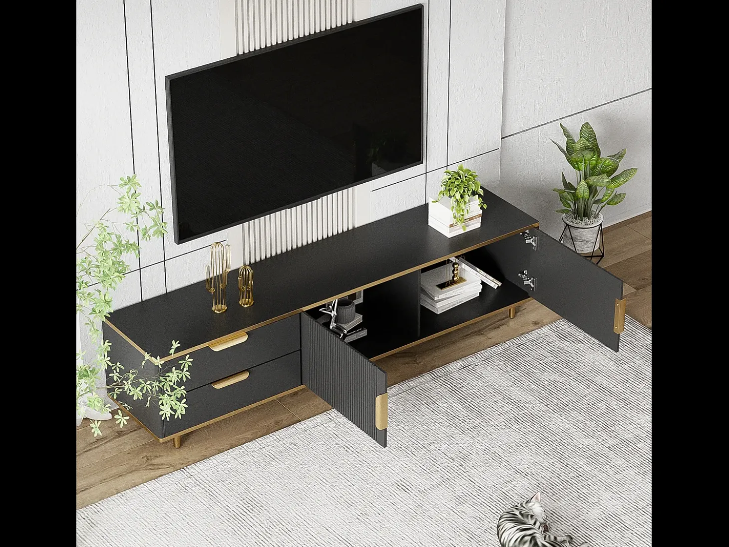 Mueble para TV con 2 puertas y 2 cajones - 175x40x45cm - madera MDF - tiradores y pies dorados - tapa con diseño de mármol - negro