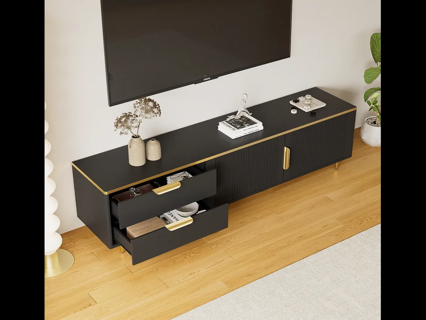 Mueble para TV con 2 puertas y 2 cajones - 175x40x45cm - madera MDF - tiradores y pies dorados - tapa con diseño de mármol - negro