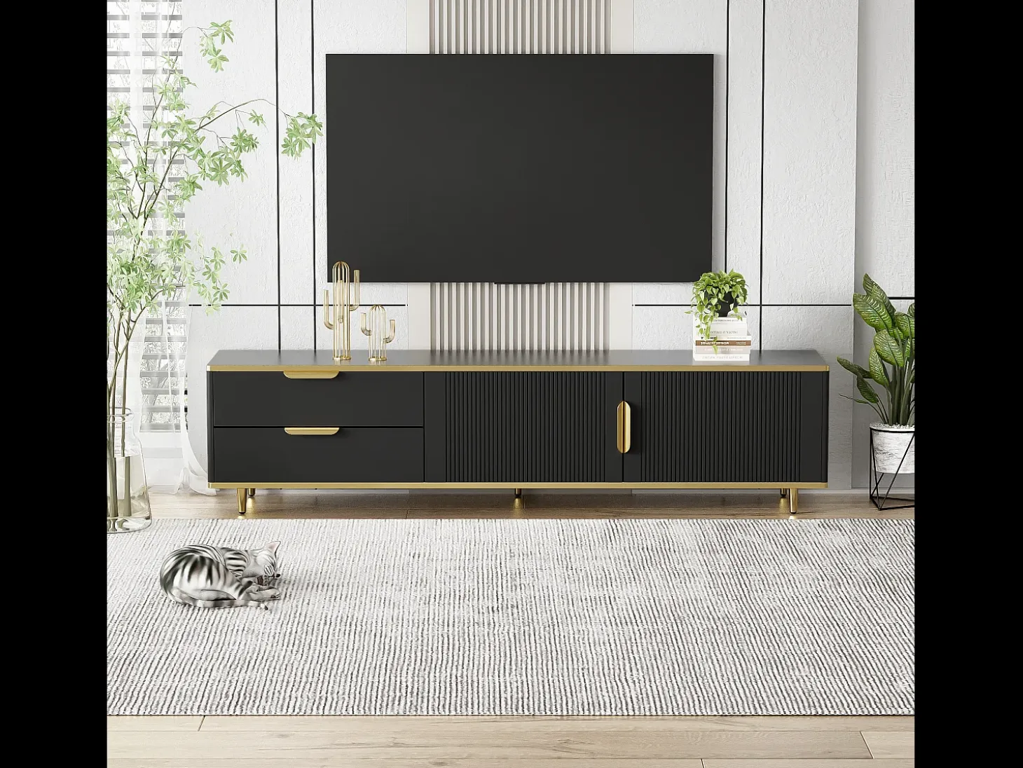 Mueble para TV con 2 puertas y 2 cajones - 175x40x45cm - madera MDF - tiradores y pies dorados - tapa con diseño de mármol - negro