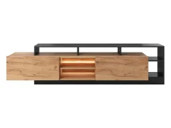 Mueble para TV con 2 puertas y 6 estantes con LEDs - Natural claro y Antracita - IDESIA