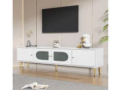 Mueble para TV con 2 puertas rayadas y 2 puertas de cristal - 170 x 35 x 50 cm - Tablero de partículas - Blanco