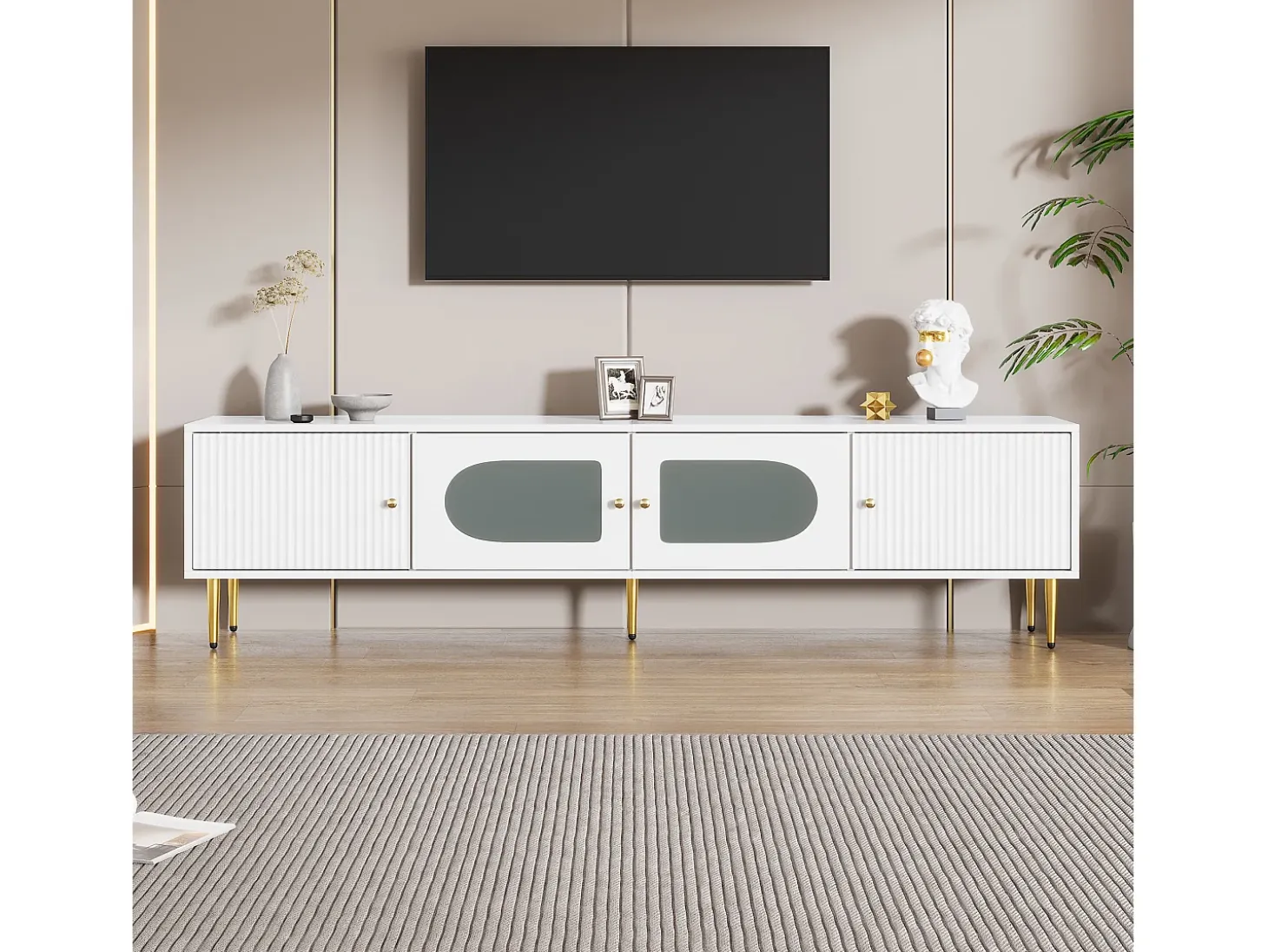 Mueble para TV con 2 puertas rayadas y 2 puertas de cristal - 170 x 35 x 50 cm - Tablero de partículas - Blanco