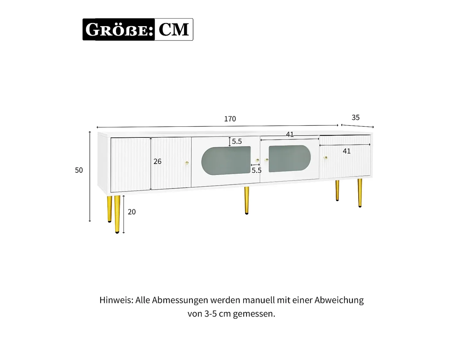 Mueble para TV con 2 puertas rayadas y 2 puertas de cristal - 170 x 35 x 50 cm - Tablero de partículas - Blanco