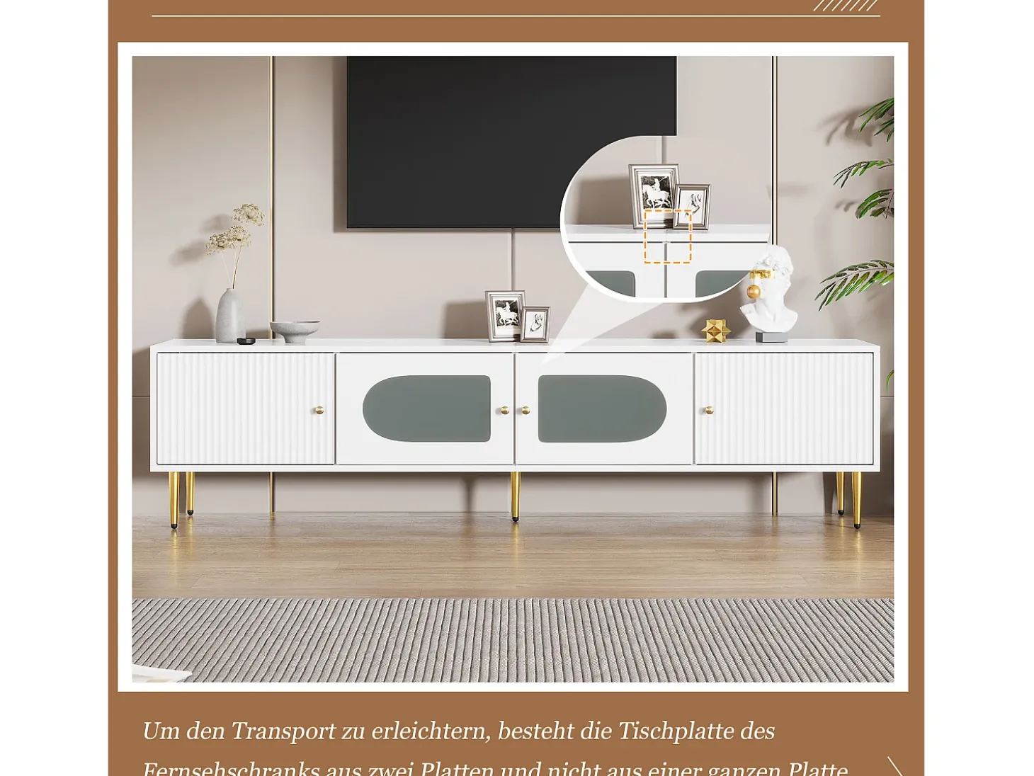 Mueble para TV con 2 puertas rayadas y 2 puertas de cristal - 170 x 35 x 50 cm - Tablero de partículas - Blanco