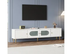 Mueble para TV con 2 puertas rayadas y 2 puertas de cristal - 170 x 35 x 50 cm - Tablero de partículas - Blanco