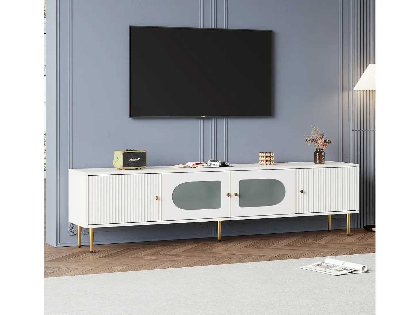 Mueble para TV con 2 puertas rayadas y 2 puertas de cristal - 170 x 35 x 50 cm - Tablero de partículas - Blanco
