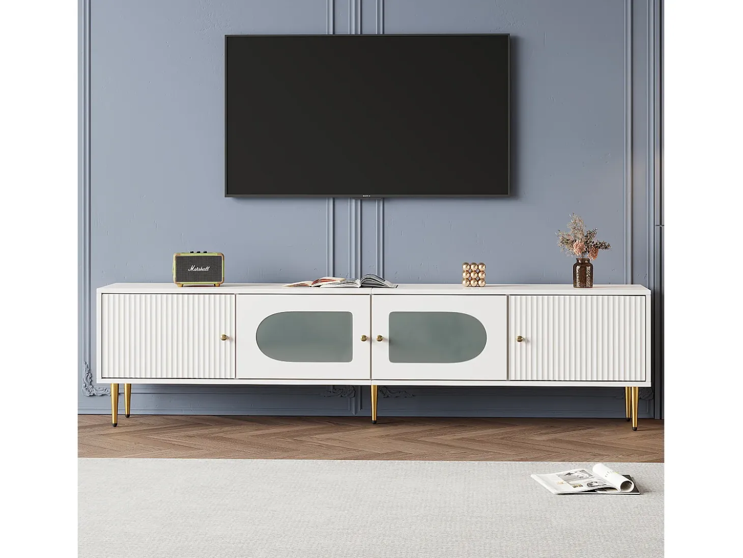 Mueble para TV con 2 puertas rayadas y 2 puertas de cristal - 170 x 35 x 50 cm - Tablero de partículas - Blanco