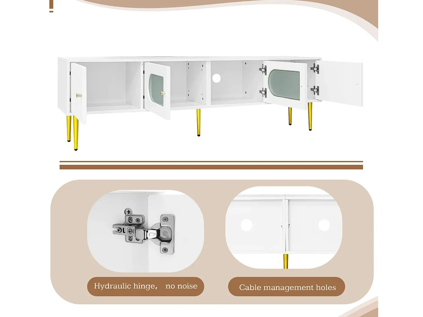 Mueble para TV con 2 puertas rayadas y 2 puertas de cristal - 170 x 35 x 50 cm - Tablero de partículas - Blanco