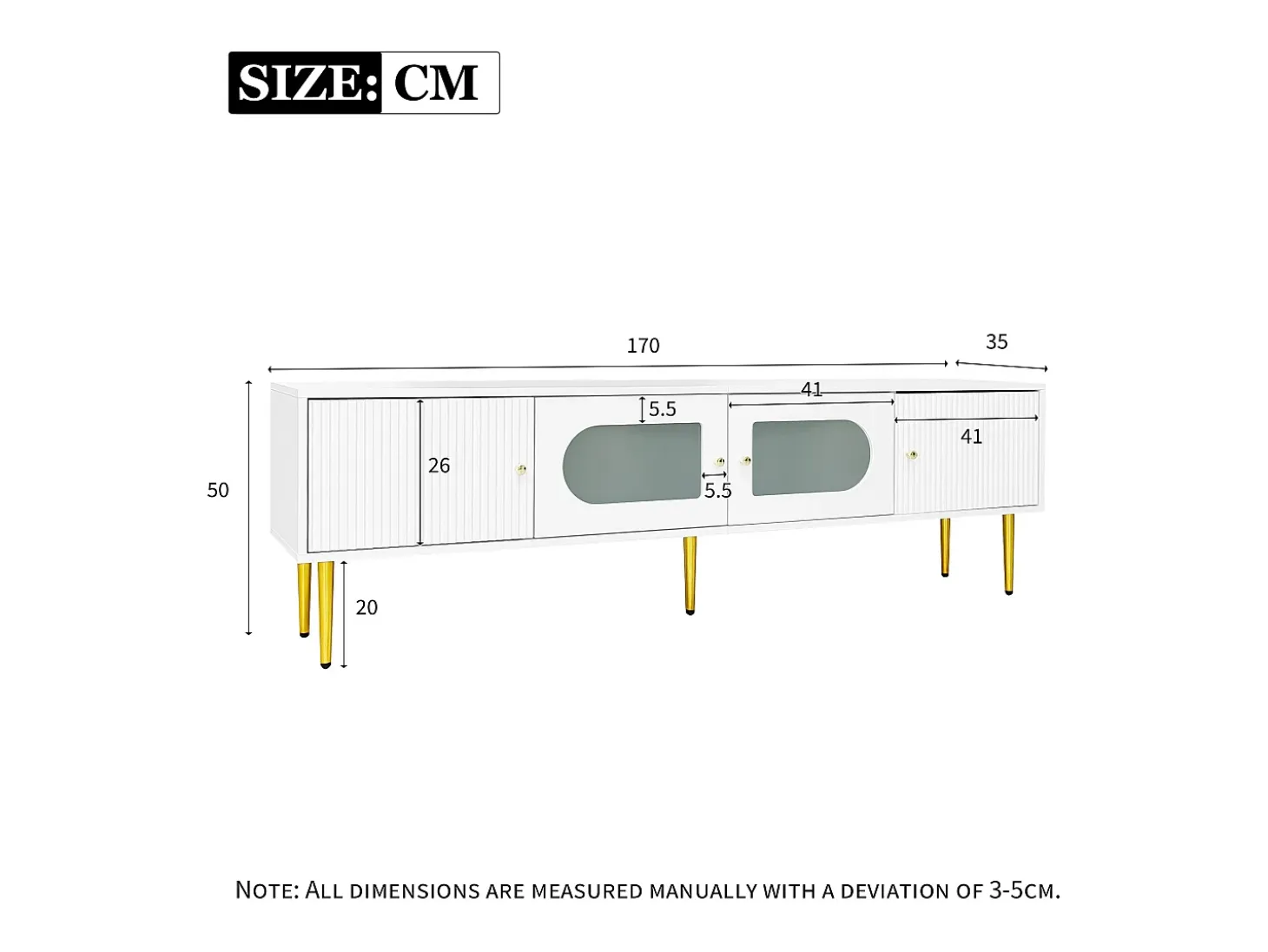Mueble para TV con 2 puertas rayadas y 2 puertas de cristal - 170 x 35 x 50 cm - Tablero de partículas - Blanco