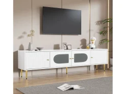 Mueble para TV con 2 puertas rayadas y 2 puertas de cristal - 170 x 35 x 50 cm - Tablero de partículas - Blanco
