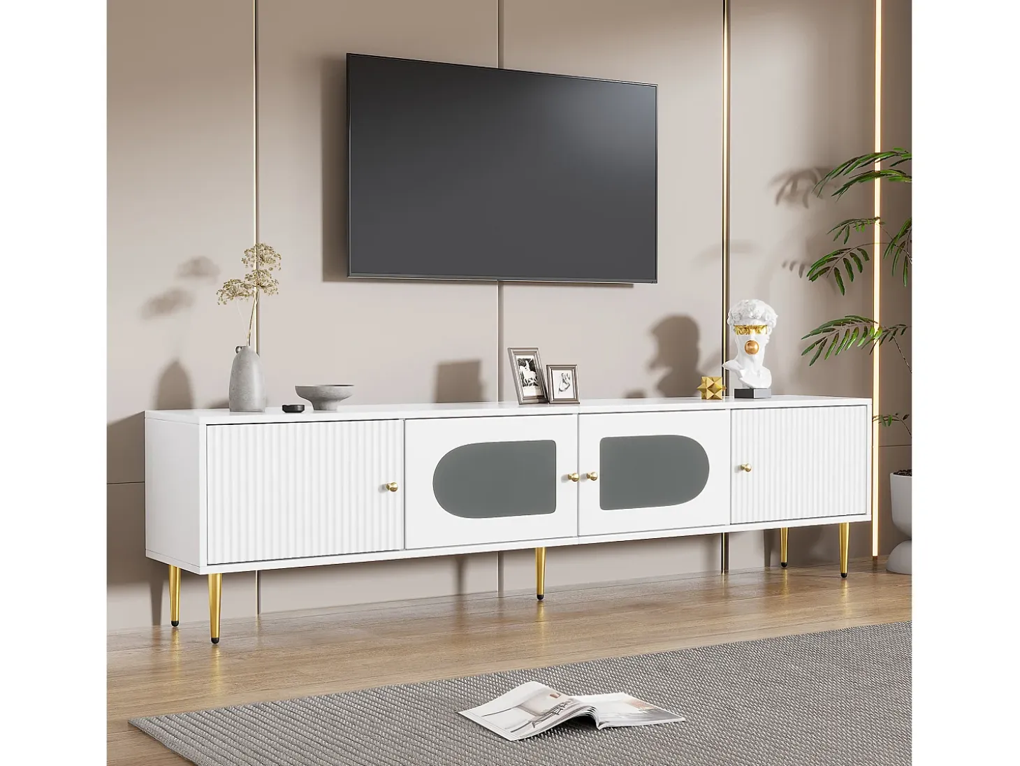 Mueble para TV con 2 puertas rayadas y 2 puertas de cristal - 170 x 35 x 50 cm - Tablero de partículas - Blanco