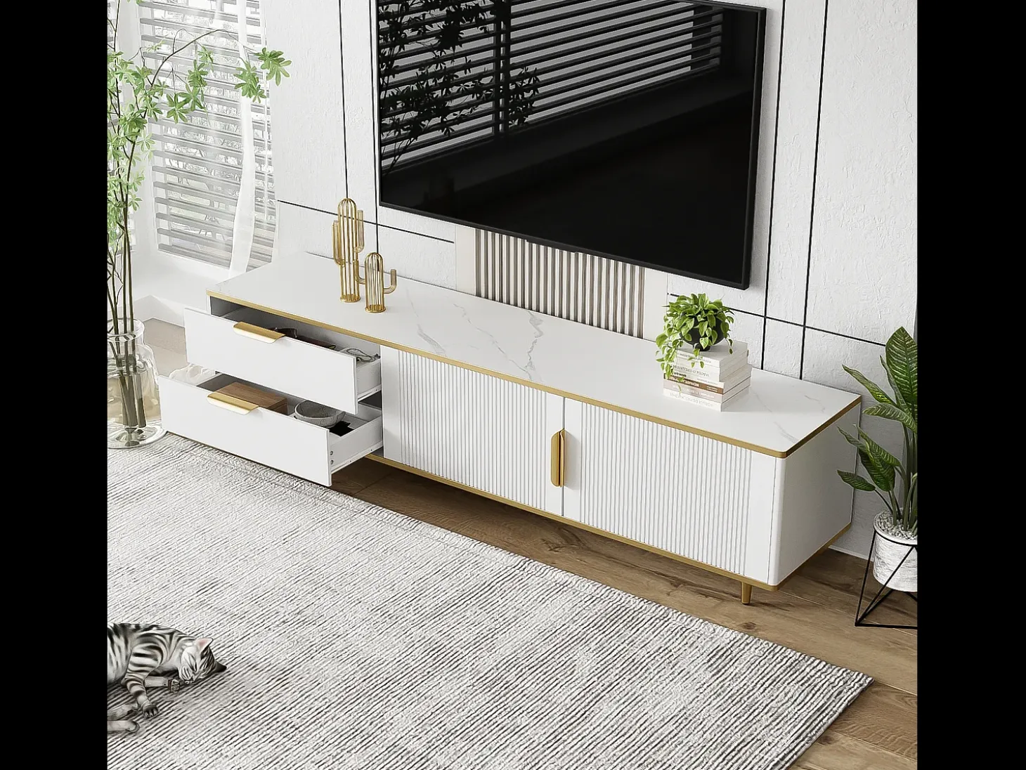 Mueble para TV con 2 puertas y 2 cajones - 175x40x45cm - madera MDF - tiradores y pies dorados - tapa con diseño de mármol - blanco