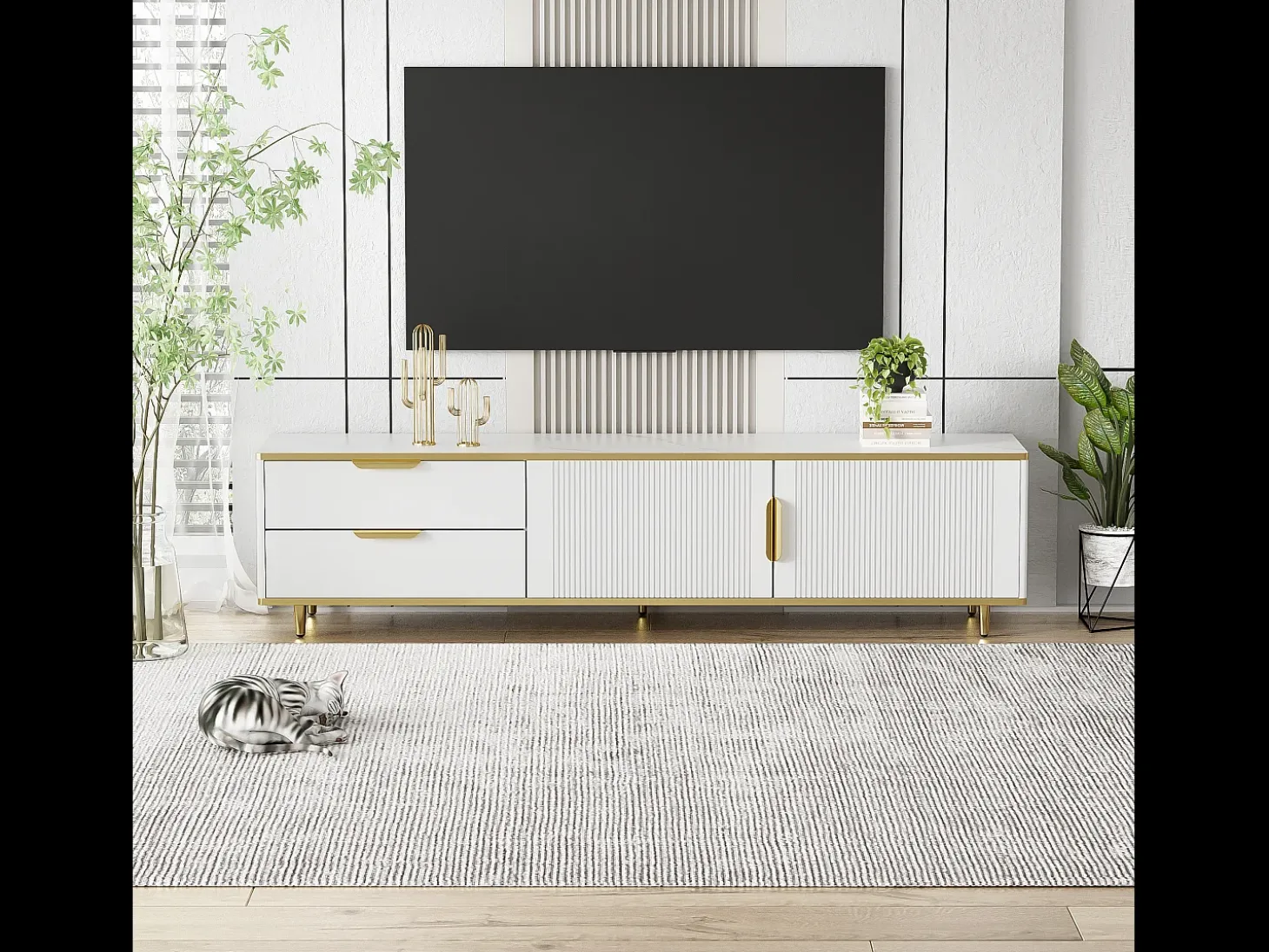 Mueble para TV con 2 puertas y 2 cajones - 175x40x45cm - madera MDF - tiradores y pies dorados - tapa con diseño de mármol - blanco