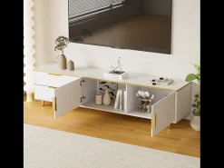 Mueble para TV con 2 puertas y 2 cajones - 175x40x45cm - madera MDF - tiradores y pies dorados - tapa con diseño de mármol - blanco