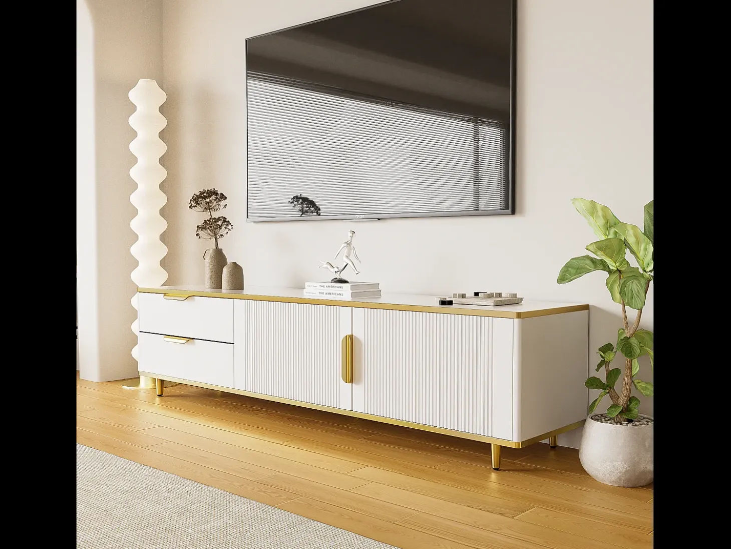 Mueble para TV con 2 puertas y 2 cajones - 175x40x45cm - madera MDF - tiradores y pies dorados - tapa con diseño de mármol - blanco